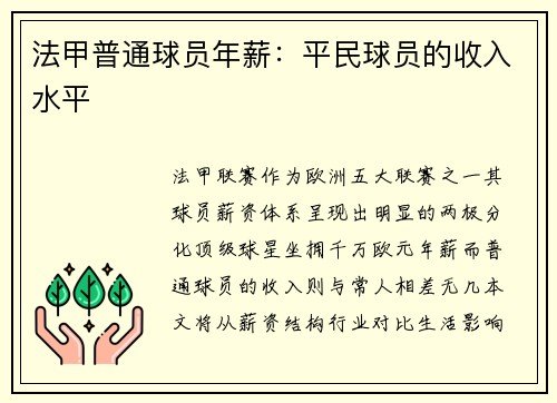 法甲普通球员年薪：平民球员的收入水平