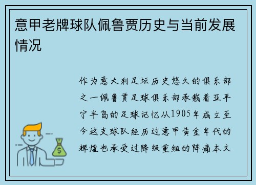 意甲老牌球队佩鲁贾历史与当前发展情况
